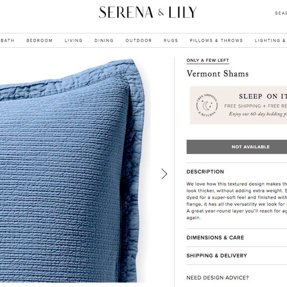 Set of 2 Blue Serena & Lily Quilted Euro "Vermont" Shams